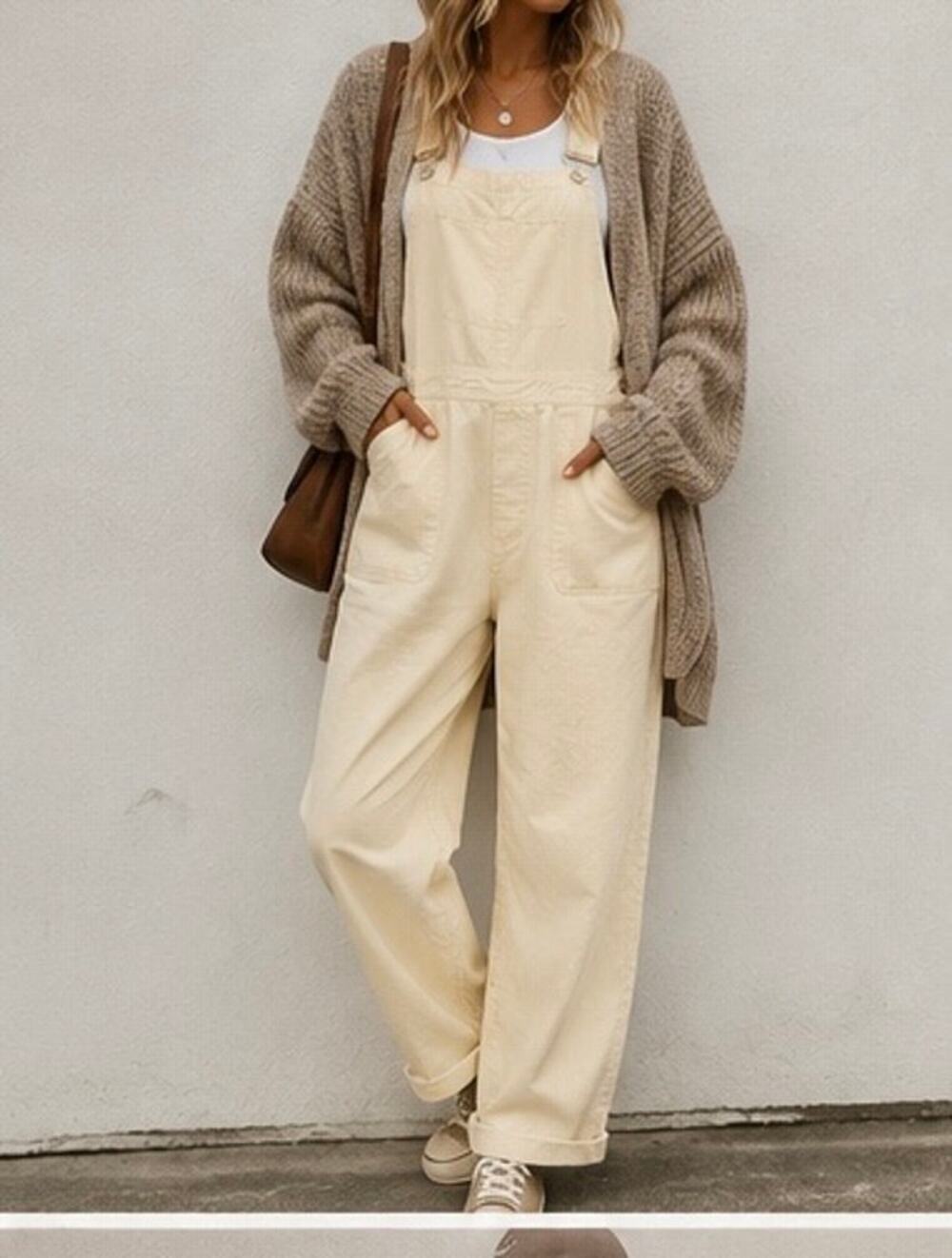Ocean Coast Women’s 12  Cream /Warm Ivory Bib Overalls Utility Cargo Boho